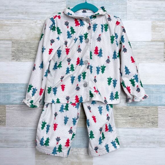 Carters Christmas Tree Penguin Fleece Pajama Set Cream 2 Pc Toddler Girl 2T - Picture 1 of 8